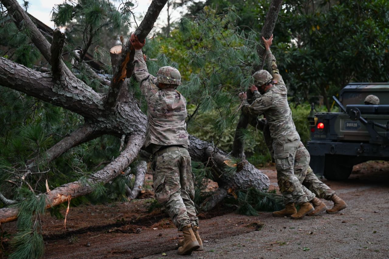 Storm-downed trees blocking a road in the Bedford Heights neighborhood of Augusta, Georgia after Hurricane Helene, September 2024
